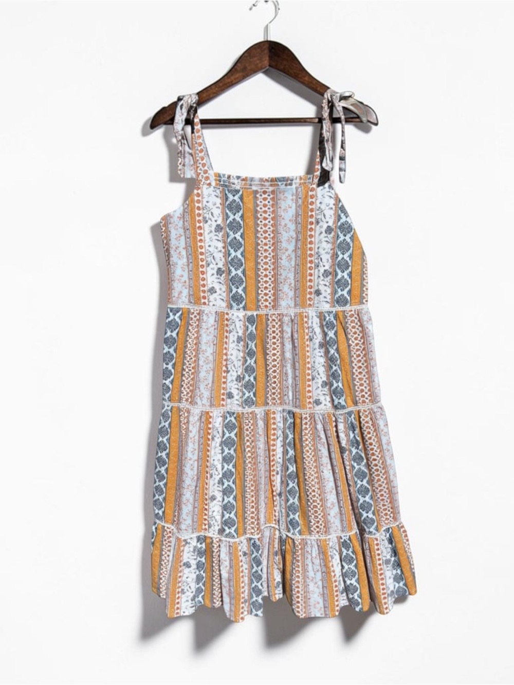 🌻Lucky Brand Floral Stripe Smocked Tiered Midi Dress Tie Strap Boho Womens XL